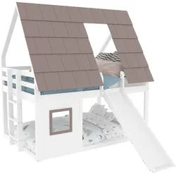 Okwish Etagenbett 140/200 cm weiß und braun aus Kiefer mit Rutsche und Leiter , Braun , Holzwerkstoff , 140x200 cm , Babymöbel & Kindermöbel, Kinderzimmer & Jugendzimmer, Stockbetten
