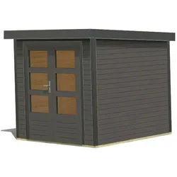 Karibu Metall-Holzgartenhaus Hybridhaus Jupiter B - 19 mm-213 x 217 cm- Holz-Ausführung: terragrau - Blech-Ausführung: anthrazit