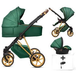 TPFFamily Kombi-Kinderwagen 4 in 1 Musse Royal, Baby Buggy Babywanne Autositz Isofix Basis, Zubehör-Set Kinderwagen 4 in 1 Kunstleder Grün, Gestell Gold grün