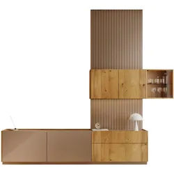 Walden Wohnwand , Eichefarben, Hellbraun , Holz, Glas, Naturmaterialien , Eiche , mehrschichtige Massivholzplatte (Tischlerplatte) , 1 Fächer , 2 Schubladen , 263.8x260x47.5 cm , individuell planbar, Beimöbel erhältlich, in verschiedenen Holzarten erhältlich , Wohnzimmer, Wohnwände, Komplette Wohnwände