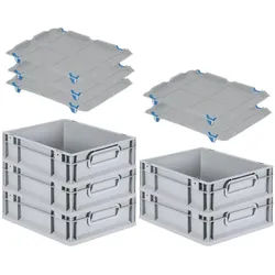 PROREGAL SparSet 5x Eurobox NextGen Grip mit Auflagedeckel & 4 blauen Verschlüssen, HxBxT 12x30x40cm, 11L, Grau, Griffe zu, Eurobehälter