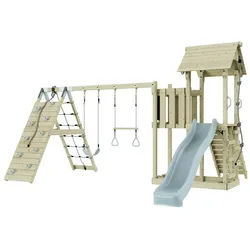 OutdoorToys Spielturm Roskilde, aus Holz in Eisblau mit Trapezstange blau
