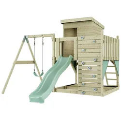 OutdoorToys Spielturm Alma, aus Holz in Mintgrün mit Kinderschaukel & Rutsche, Kletterwand grün