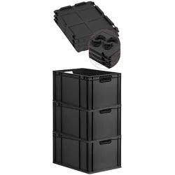 PROREGAL SuperSparSet 3x Eurobox NextGen Color mit Auflagedeckel & Verschlüsse, HxBxT 32x40x60cm, 65L, Schwarz, Griffe schwarz offen, Eurobehälter