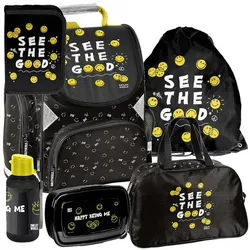 PASO Schulrucksack Mega-Set Smiley Schulset 6-tlg. (Schulranzen + Turnbeutel + Federmäppchen + Lunchbox + Trinkflasche + Sporttasche, 6-tlg) schwarz