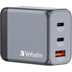 Verbatim GaN Charger 65 Watt für Laptops, Tablets, Smartphones - 3-in-1 Schnellladegerät inkl. EU-, UK-, USA-Anschluss | Grau - Neu