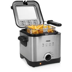 PRINCESS Fritteuse, 1000 W, Kleine Mini Öl-Fritöse mit Geruchsfilter, regelbarer Thermostat Silber silberfarben