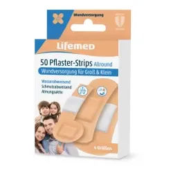 Lifemed® Pflaster Strips Allround 4 Größen, schmutzabweisend , Atmungsaktive Wundpflaster für eine schnelle Wundversorgung, 1 Packung = 50 Stück