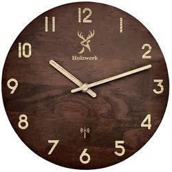 Holzwerk Funkwanduhr moderne Designer Loft Funk Holz Wand Uhr (Nahezu lautloses Uhrwerk, analog, 25 cm) braun