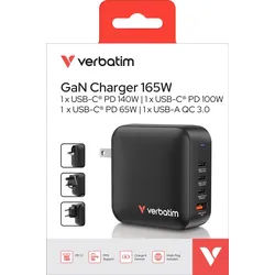 Verbatim Mini-GaN-Ladegerät, 165W, EU/US/UK-Stecker 1x USB-A QC, 4x USB-C PD, 100-250V, Retail