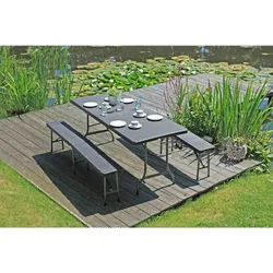Gardenson Gartengarnitur , Schwarz , Metall, Kunststoff , 3-teilig , 75x73x180 cm , Tisch klappbar, UV-beständig, wetterfest, Bank klappbar, platzsparend verstaubar , Gartenmöbel, Gartengarnituren, Gartenmöbel-Sets