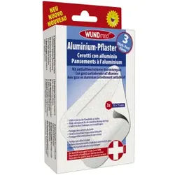 WUNDmed® Wundversorgung Aluminium-Pflaster, Atmungsaktives Wund-Pflaster für Verbrennungen und Schürfwunden, 1 Packung = 3 Stück, 75 x 75 mm