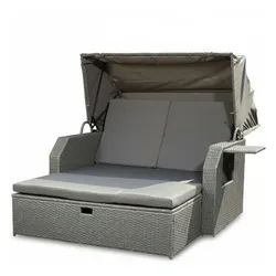 Melko Gartenliege Sonneninsel mit Dach, Hocker und Kissen Polyrattan 145×143×130 cm, Halblieger mit Dach 145x143 cm, 3-teiliges Set bestehend aus 1 × Sonneninsel, 1 × Hocker und Kissen, Kompakte Halblieger mit klappbarem Dach und separatem Hocker grau