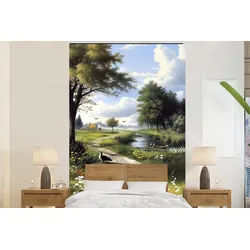 MuchoWow Fototapete Sandiger Weg - Grüne Landschaft - Wasser, Matt, bedruckt, Montagefertig Vinyl Tapete, Wandtapete, 145x220 cm 1.45 m x 2 m