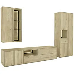 Cassando Wohnwand , Eichefarben , Holz, Glas, Leder , Lederlook , Asteiche , massiv , 10 Fächer , 1 Schublade(n) Schubladen , 318x205.8x50 cm , Typenauswahl, individuell planbar, Beimöbel erhältlich , Wohnzimmer, Wohnwände, Komplette Wohnwände