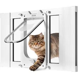 VEVOR Katzenklappe Katzentür Anpassbar an Fensterbreiten (584-711 mm), Wetterfeste Haustiertür mit 4 sicheren Verriegelungsmodi & Aluminiumrahmen & Hochtransparentem Glas & Magnetverschluss, Weiß