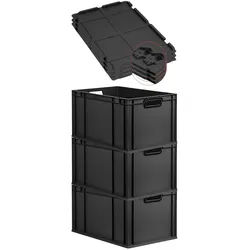 PROREGAL SuperSparSet 3x Eurobox NextGen Color mit Scharnierdeckel & Verschlüssen, HxBxT 32x40x60cm, 65L, Schwarz, Griffe schwarz offen, Eurobehälter