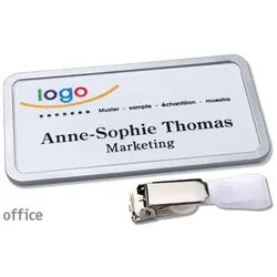 10 Namensschild mit Clip office 75 x 37 mm | edelstahl | Hängerclip, Kunststoff