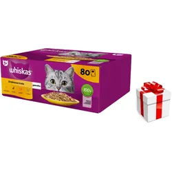 WHISKAS Adult Beutel 80 x 85 g Geflügelstückchen - Nassfutter für ausgewachsene Katzen in Gelee (Stückchen mit: Huhn, Ente, Geflügel, Pute) + Überraschung für die Katze