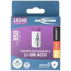 Ansmann Li-ion Akku CR123A, 16340, 3,6V bis 3,7V, 850mAh 17×17x35mm mit Schutzbeschaltung