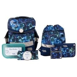 SCHOOL-MOOD® Schulranzen Timeless Air+ Felix (Wolf) (Set, 7-tlg., Turnbeutel, Etui, Schlamperrolle, Brustbeutel, Brotdose, Patchy-Set), leichter Ranzen für Grundschule blau