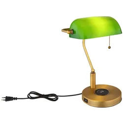 GLOBO LIGHTING Schreibtischlampe, Leuchtmittel nicht inklusive, Tischlampe Bankerlampe Tischleuchte altmessing Laden USB Leselampe grün