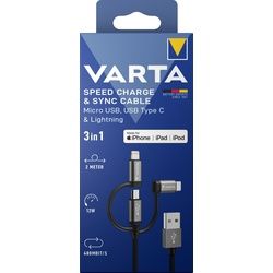 Varta Kabel, USB-A/Micro/C/Lightning, 3in1, 2.0m 12W, 480Mbit/s, schwarz, Retail-Blister
