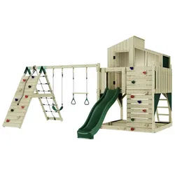 OutdoorToys Spielturm Finn, aus Holz in Dunkelgrün mit Trapezschaukel mit Rutsche, Kletterwand grün