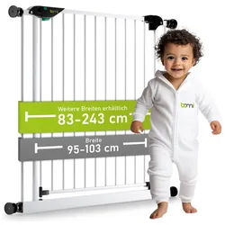 BOMI Türschutzgitter Treppenschutzgitter ohne Bohren, Absperrgitter Metall, Mira 83-243 cm (verschiedene Größen, klemm- & verschraubbar, stabil & sicher, breiter Durchgang), Kinderschutzgitter selbstschließend, 90° Feststellfunktion, Weiß weiß 95 cm x 77 cm