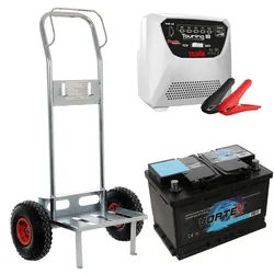 Komplettes Olivenernteset: Batteriewagen Geotech + Batterie 50 Ah + Ladegerät Telwin Touring 18