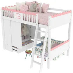 Okwish Hochbett 90/200 cm Weiß mit LED-Leuchten und Kleiderschrank , Holz , 90x200 cm , Babymöbel & Kindermöbel, Kinderzimmer & Jugendzimmer, Kinderbetten, Hochbetten
