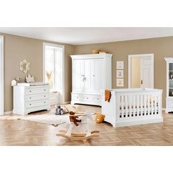 Pinolino Babyzimmer , Weiß , Holzwerkstoff , 3-teilig , 4 Fächer , 3 Schubladen , Schlupfsprossen, zum Juniorbett umbaubar, höhenverstellbar, Sprossen mit Normabstand, Aufbauanleitung im Karton, Lattenrost inklusive , Baby & Kindermöbel, Babyzimmer, Babyzimmer-serien