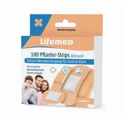 Lifemed® Pflaster Strips Allround 4 Größen, schmutzabweisend , Atmungsaktive Wundpflaster für eine schnelle Wundversorgung, 1 Packung = 2 Boxen á 100 Stück
