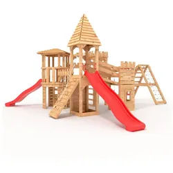 bibex Spielturm Ritterburg-XXL+R - mit 4x Klettertürmen, 2x Rutschen, Sandkasten rot