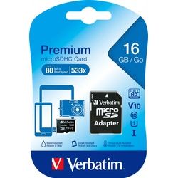 Verbatim microSDHC Card 16GB, Premium, Class 10, U1 (R) 80MB/s, (W) 10MB/s, SD Adapter, Retail-Blister