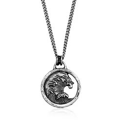 HAZE & GLORY Kette mit Anhänger Anhänger Münze - Tide Welle Maritim 925 Silber, Wellen schwarz
