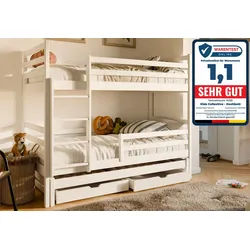 Kids Collective Hochbett 90x200 cm mit Ausziehbett Kinderbett mit Ausziehfunktion, 2 Schubladen Lattenrost, Rausfallschutz, umbaubar in drei Einzelbetten, Vollholz