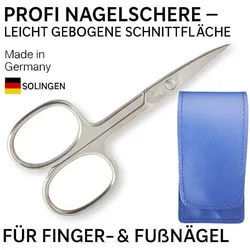 EloModa Nagelschere Solingen Nagelschere gehärteter Stahl Extra scharf mit gebogener Schne, (1-tlg), gebogener Schnittfläche, Leder-Etui Made in Germany blau