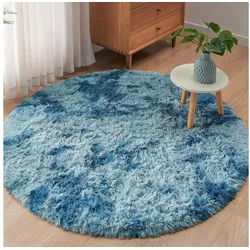 ROHATIM Langflor-Teppich Plüsch Teppich Rund 100 cm Pfauenblau für Wohnzimmer & Schlafzimmer