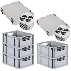 PROREGAL SparSet 5x Eurobox NextGen Color mit Auflagedeckel & Verschlüsse, HxBxT 17x30x40cm, 16L, Grau, Griffe schwarz offen, Eurobehälter