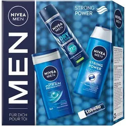 NIVEA Männerpflege Körperpflege Geschenkset Fresh Ocean Pflegedusche 250 ml + Strong Power Shampoo 250 ml + Dry Active Deo Spray 150 ml + Labello Active Men SPF15 5,5 ml
