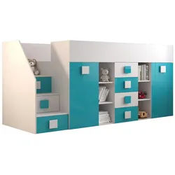 Möbel Kryspol Hochbett 248,5/93/123 , Weiß, Blau , Holz , Nachbildung , 90x200 cm , Babymöbel & Kindermöbel, Kinderzimmer & Jugendzimmer, Kinderbetten, Hochbetten