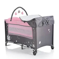 Moni Reisebett Sleepy Rollen, Wickelauflage, Matratze, Spielbogen, Seiteneingang grau pink
