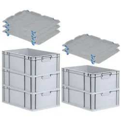 PROREGAL SparSet 5x Eurobox NextGen Grip mit Auflagedeckel & 4 blauen Verschlüssen, HxBxT 22x40x60cm, 44L, Grau, Griffe zu, Eurobehälter