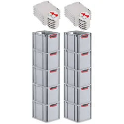 PROREGAL 10x Eurobox NextGen Color mit Scharnierdeckel & Verschlüssen | HxBxT 32x30x40cm | 30 Liter | Griffe rot offen | Glatter Boden