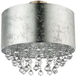 LED Deckenleuchte silber Wohnzimmerlampe Esszimmer Deckenlampe, Textil in Blattsilber Optik mit Kristallen, 9W 810lm warmweiß, DxH 40 x 38 cm