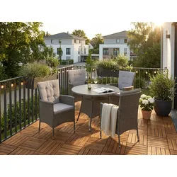 KONIFERA Garten-Essgruppe Mailand, (Set, 13-tlg., 4 Sessel, Tisch Ø 100 cm, inkl. Auflagen), Polyrattan, Stahl, Braun, Tischplatte aus Sicherheitsglas braun|grau