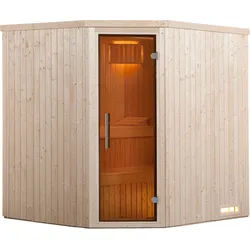 Weka Sauna Kiruna 2 mit Glastür und Eckeinstieg 230 V - 68 mm-4,5 kW BioAktiv-Kombiofen BioS inkl. Steuerung - "Alles dabei"