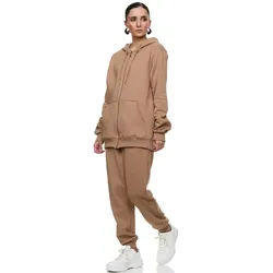 L.gonline Freizeitanzug Damen Jogginganzug, Freizeitanzug, Hausanzug 586 (Kapuzenjacke mit Reißverschluss, Hose, 2-tlg), Fitness Freizeit Casual braun 3XL