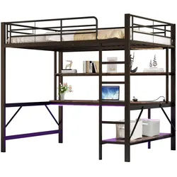 Okwish Hochbett 140/200 cm schwarz mit Usb- und Steckdosenanschlüssen LED-Beleuchtung und Schreibtisch , Schwarz , Metall , 140x200 cm , Babymöbel & Kindermöbel, Kinderzimmer & Jugendzimmer, Kinderbetten, Hochbetten